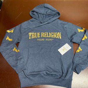 NWT True Religion Heathered Dark Blue Hoodie with Gold Accents